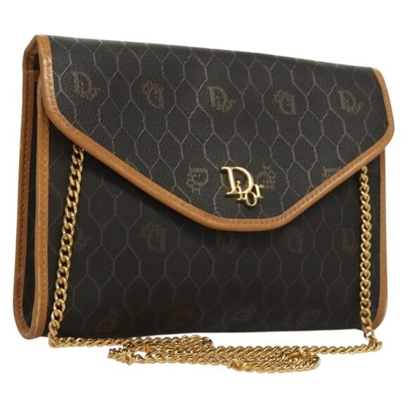 Authentic Christian Dior Honeycomb Canvas Chain Shoulder Bag PVC Black Gold